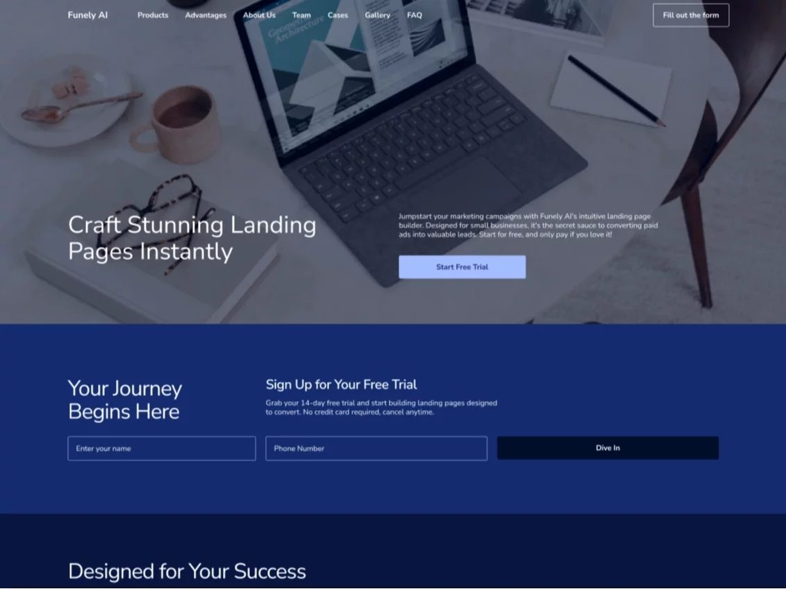 Slider interface showcasing various successful AI-generated landing page designs, emphasizing customization and variety.